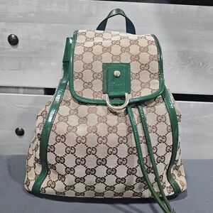 Gucci Beige GG Canvas Backpack with Green Trim